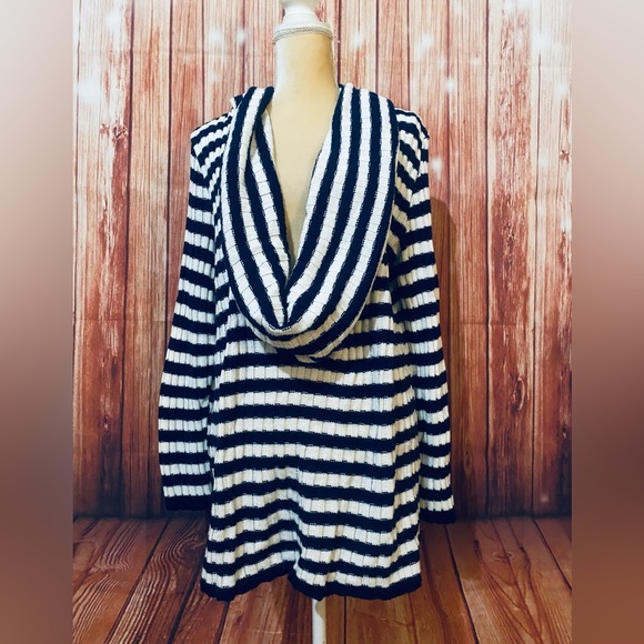 Women’s 2X Sweater Ashley Stewart Blue White Striped Draped Cowl Neck Soft Knit - Picture 2 of 11